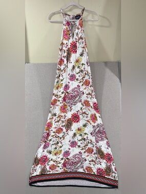 ECI size large White Floral Halter maxi Dress with Pink & Yellow Accents